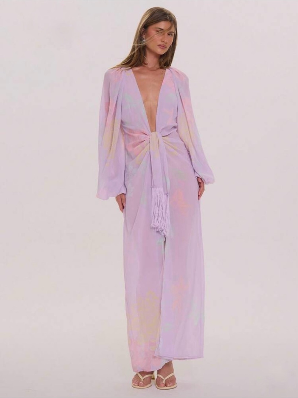 Lavender Maxi Dress - Plunge Neckline With Tie Front